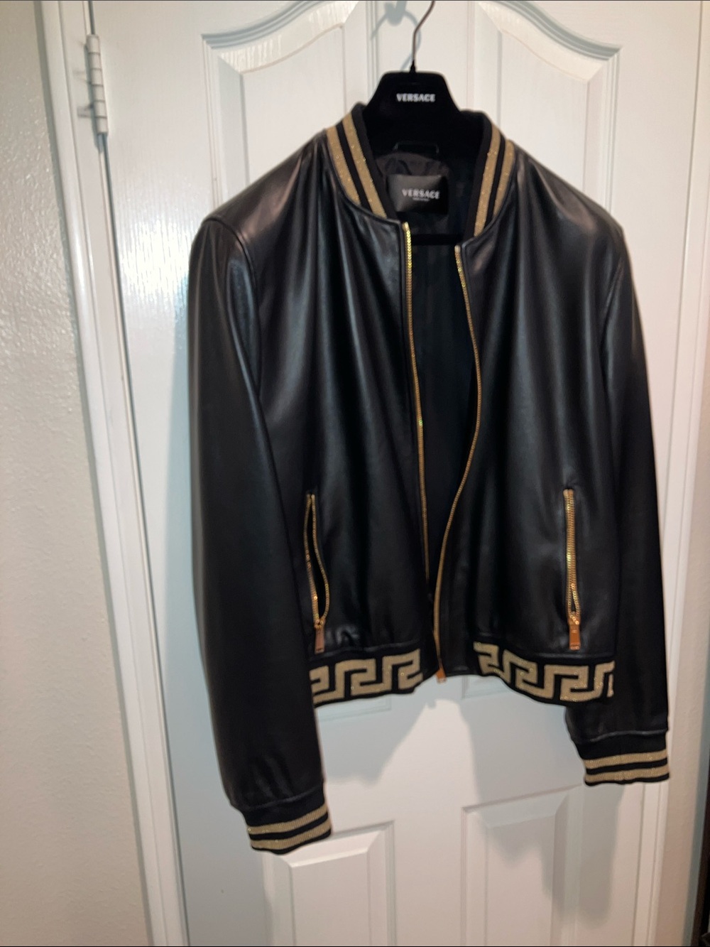Versace Black Leather Jacket with Gold Accents and Greek Key Trim